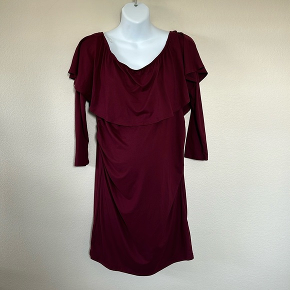 PinkBlush Maroon Burgundy Ruffle Trim Off Shoulder Fitted Maternity Dress - Picture 4 of 9